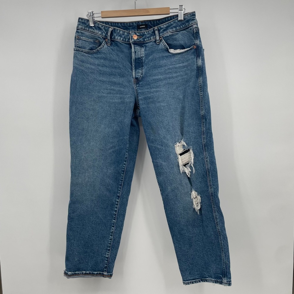 Express Jeans Conscious Edit Boyfriend Mid Rise Distressed Blue Denim 12R